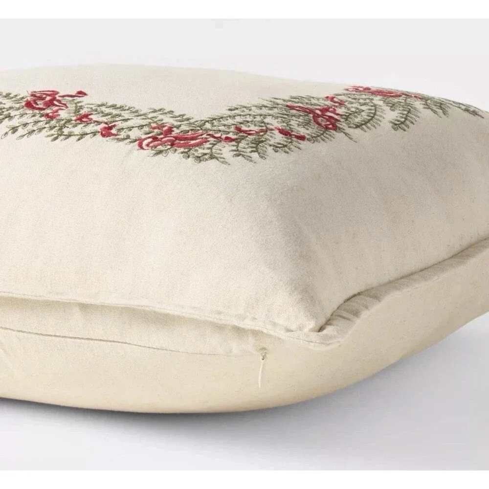 Natural Embroidered Green and Bows Pillow- 24 x 24